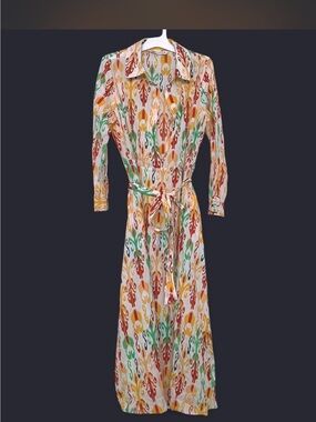Multicolor Ikat Print Long Shirt Dress with Tie Waist